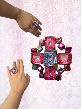 Vintage Pink & Blue Czech Crystal Ring  Adjustrable Band Princess Fairycore